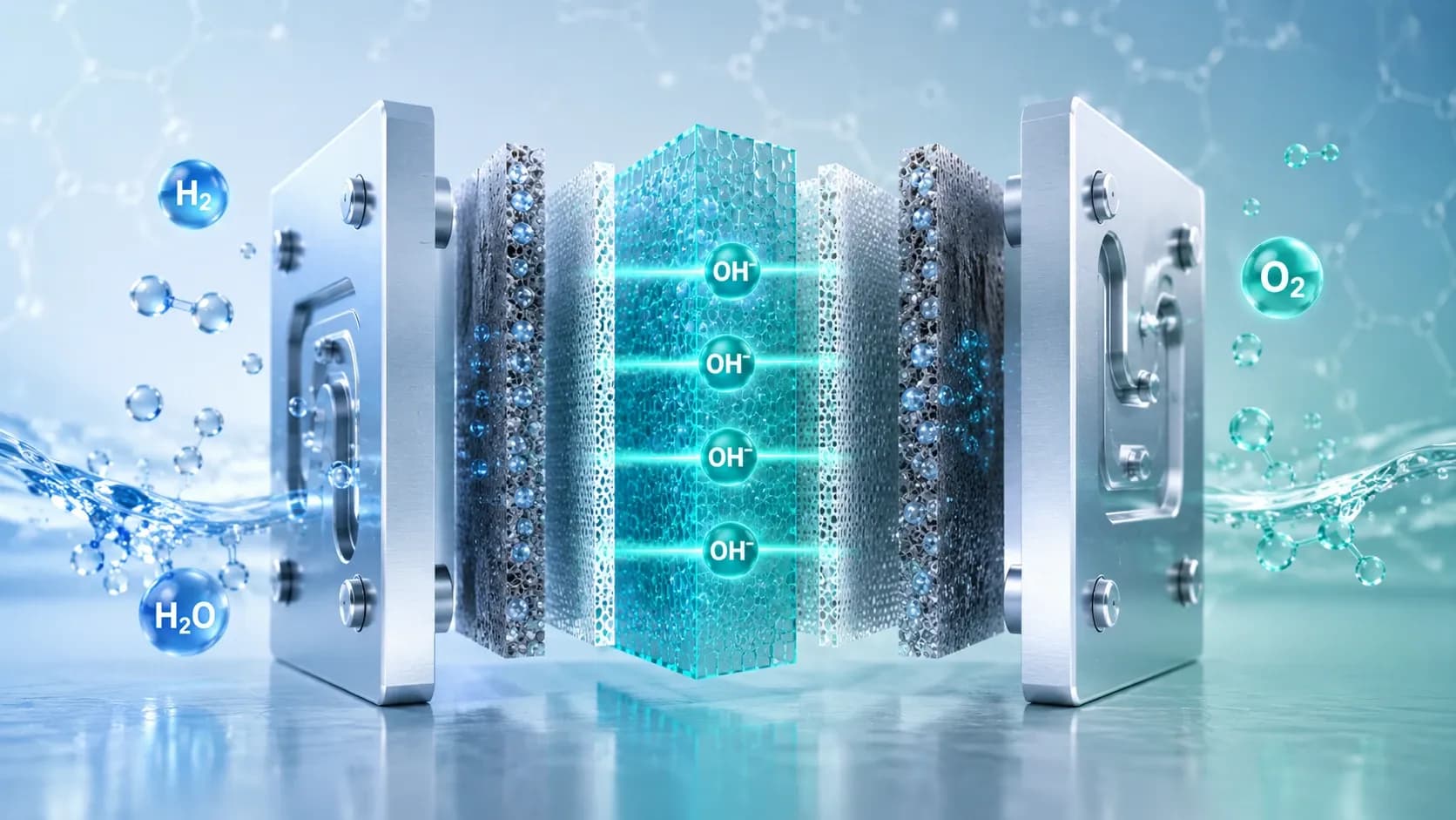 Exploded view of an anion exchange membrane water electrolyser — end plates, porous transport layers and catalyst layers around a central anion exchange membrane carrying hydroxide ions. Water and hydrogen are shown at the cathode side, oxygen at the anode side.