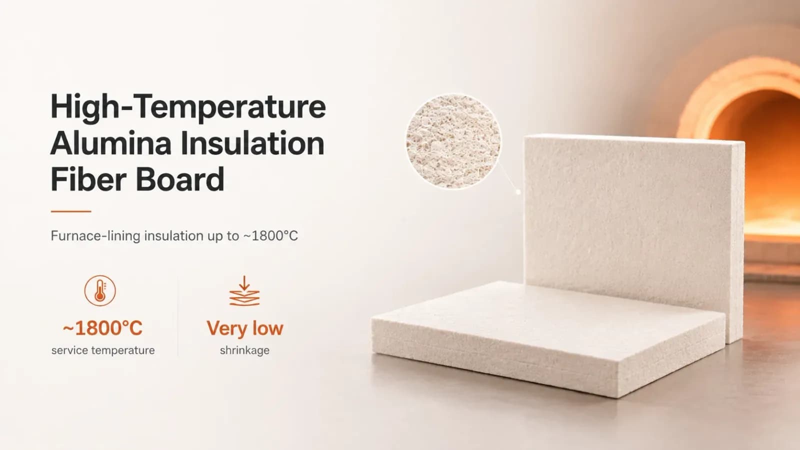 White high-temperature alumina insulation fiber boards with a fibre close-up, in front of a glowing furnace lining.