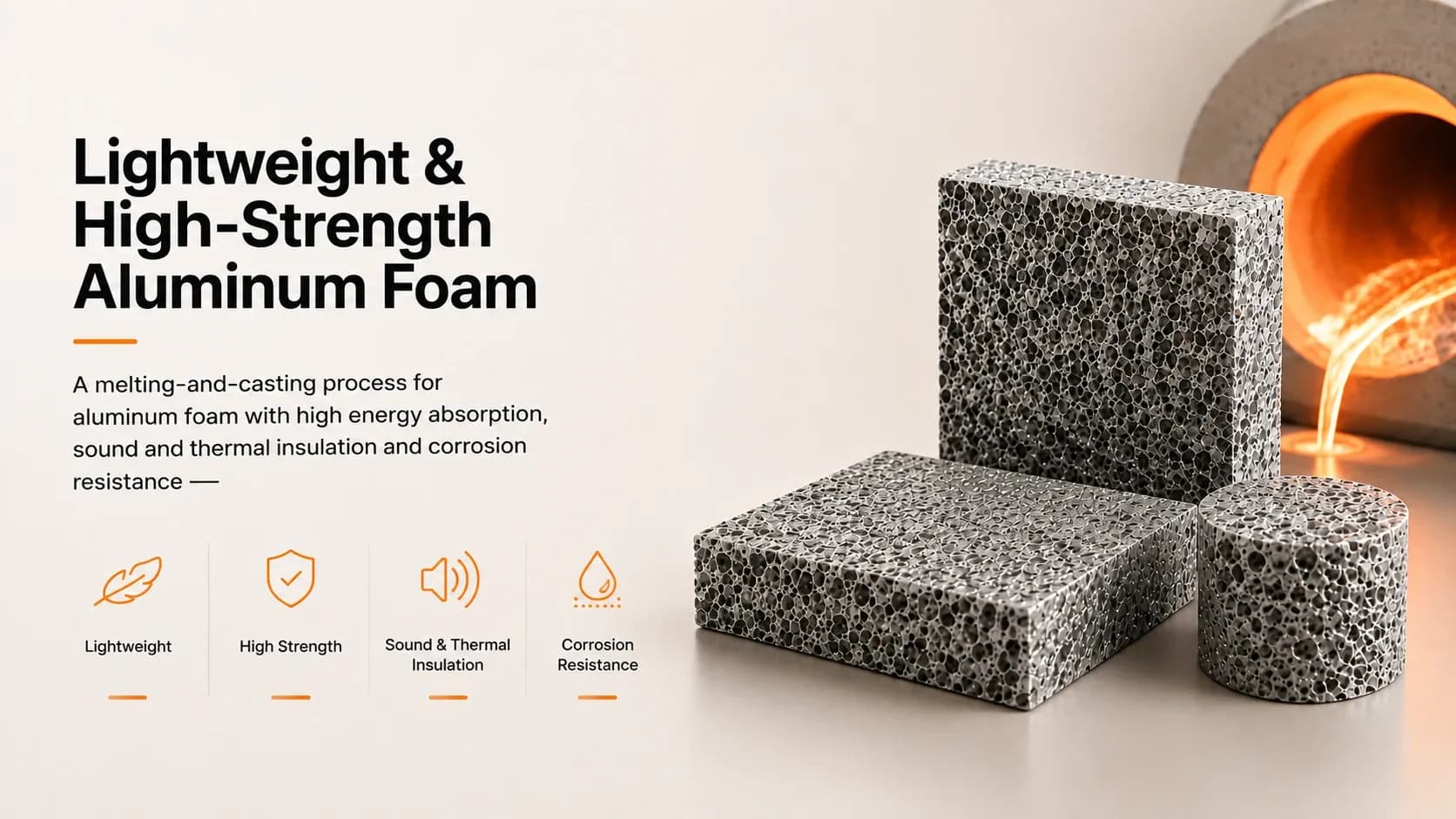 Closed-cell aluminium foam panels and a cylinder showing the porous structure, beside a crucible pouring molten aluminium.