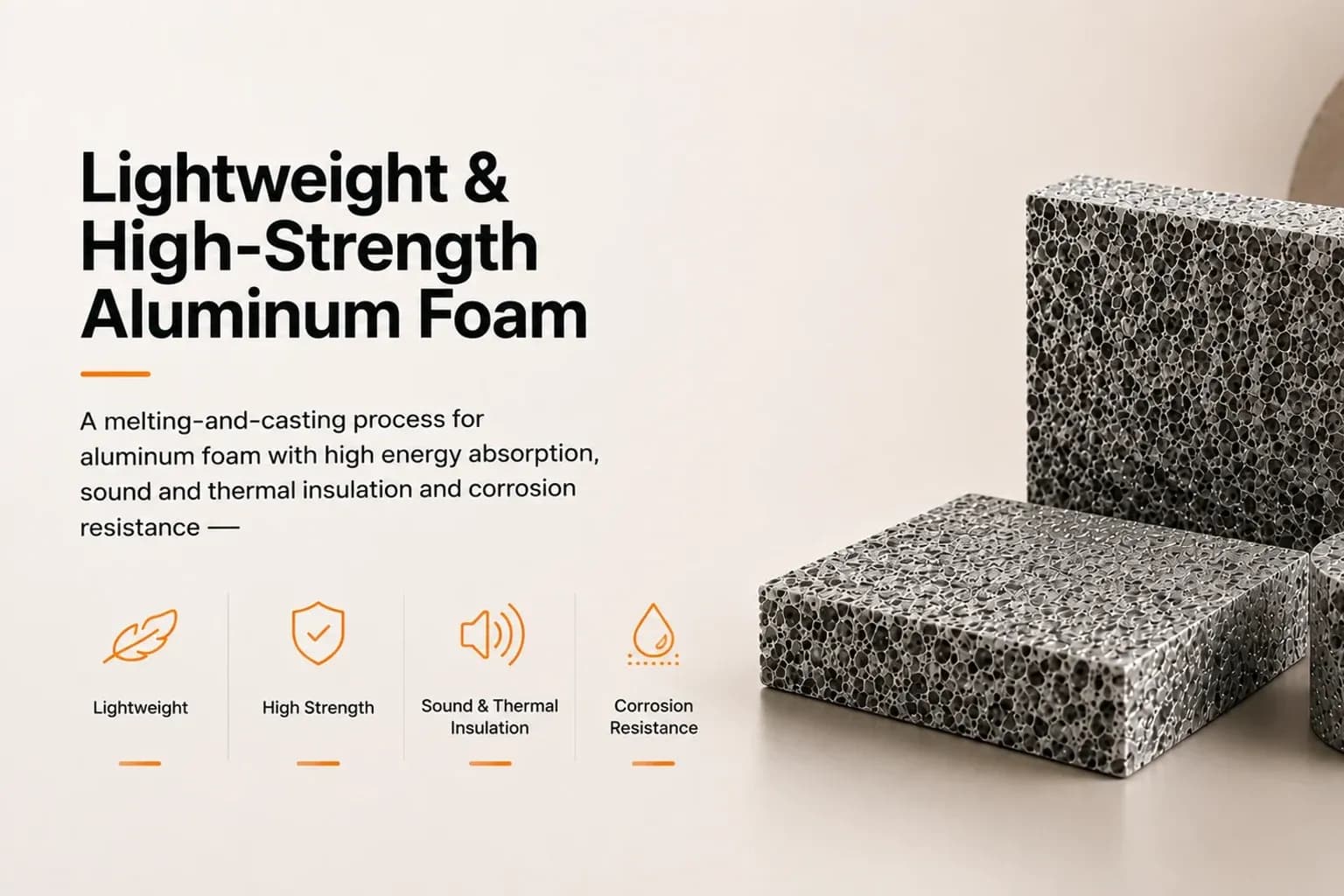 Closed-cell aluminium foam panels and a cylinder showing the porous structure, beside a crucible pouring molten aluminium.