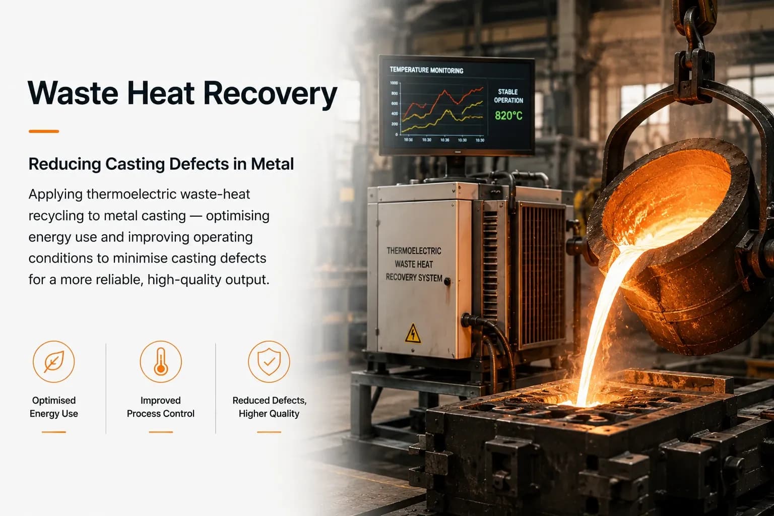 Foundry ladle pouring molten metal into a mould beside a thermoelectric waste-heat recovery unit, with a temperature-monitoring screen reading a stable 820 °C.