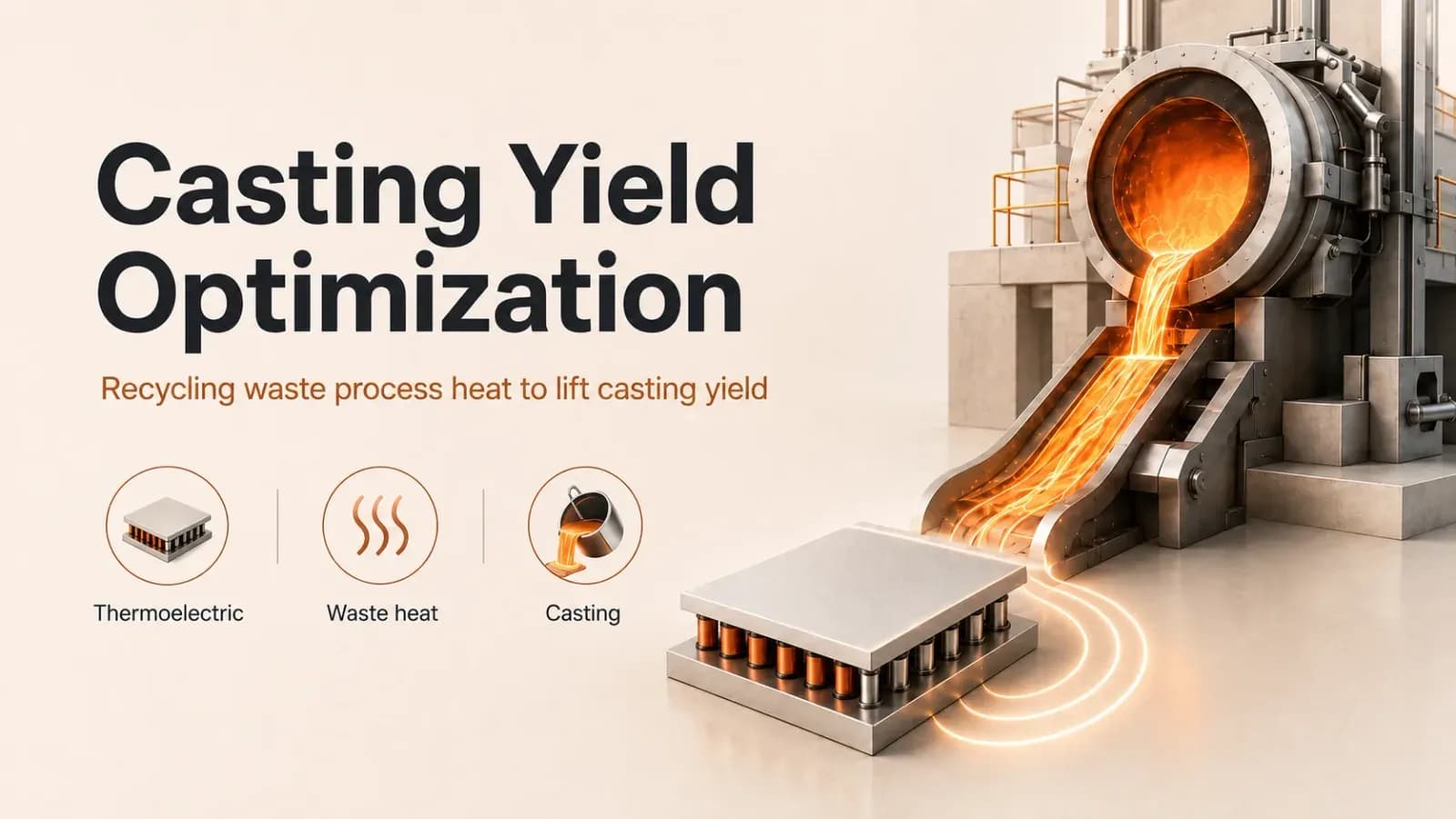 Molten metal pouring from a furnace with a thermoelectric module recycling waste process heat to lift casting yield.