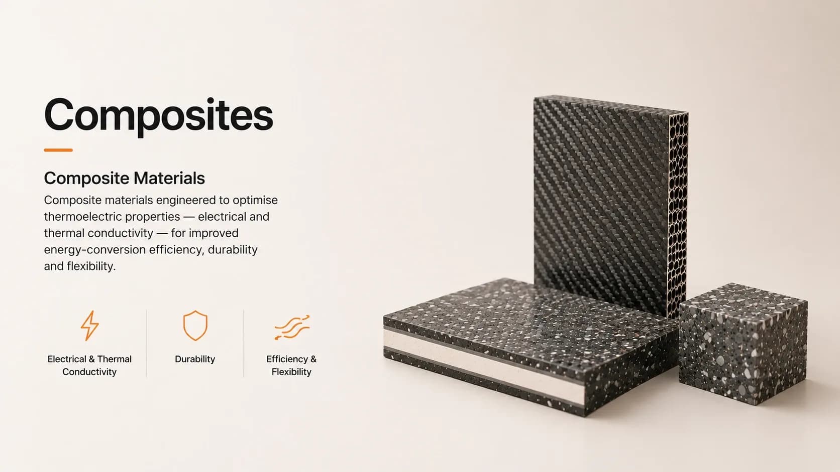 Carbon-fibre and honeycomb-cored composite panels beside a speckled composite block, engineered for thermoelectric conductivity and durability.