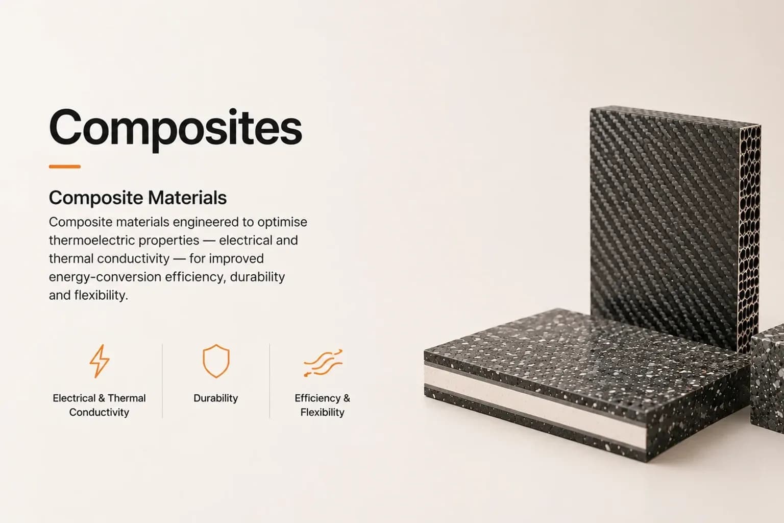 Carbon-fibre and honeycomb-cored composite panels beside a speckled composite block, engineered for thermoelectric conductivity and durability.