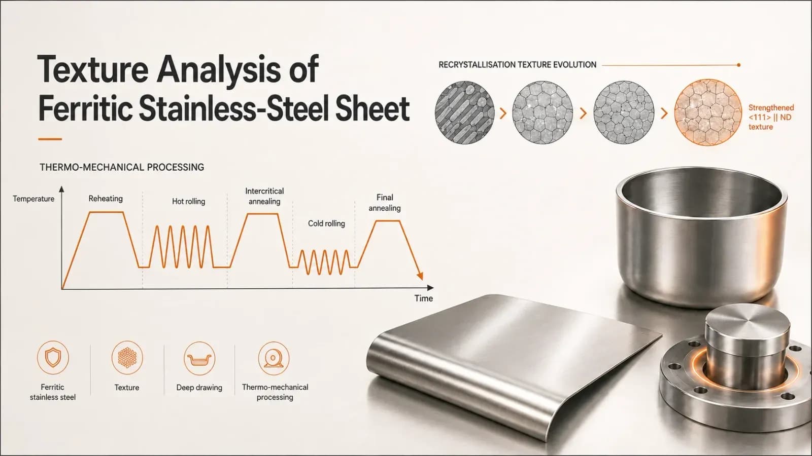 Deep-drawn stainless-steel cup, sheet and flange beside a thermo-mechanical processing temperature curve and micrographs of recrystallisation texture evolution.