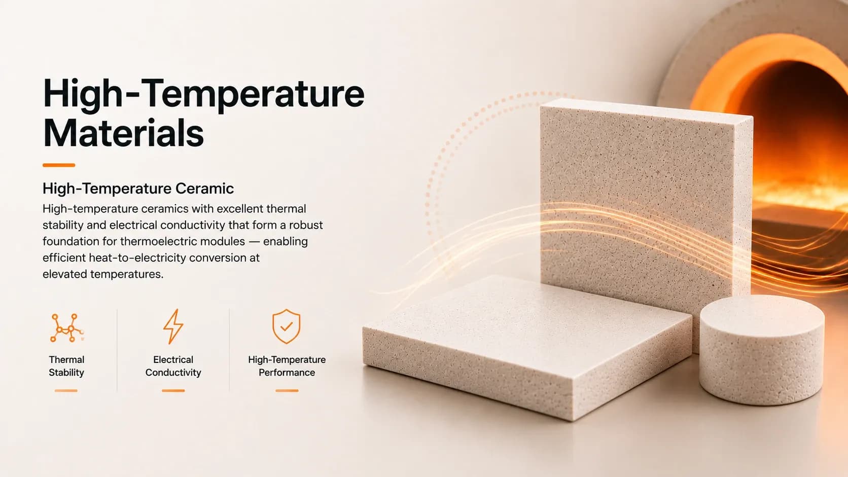 High-temperature ceramic tiles and a disc in front of a glowing furnace mouth, with heat-flow lines curving across to them.