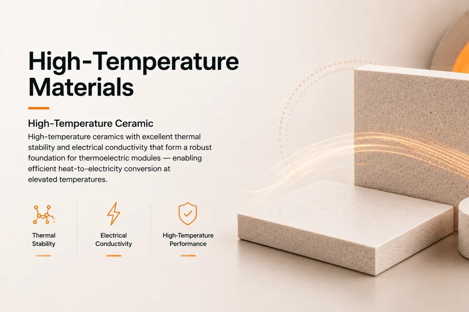 High-temperature ceramic tiles and a disc in front of a glowing furnace mouth, with heat-flow lines curving across to them.