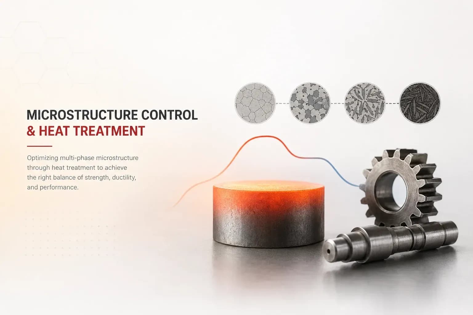 Heat-treated metal billet glowing from hot to cool beside a gear and shaft, with a strip of micrographs showing the microstructure evolving through heat treatment.