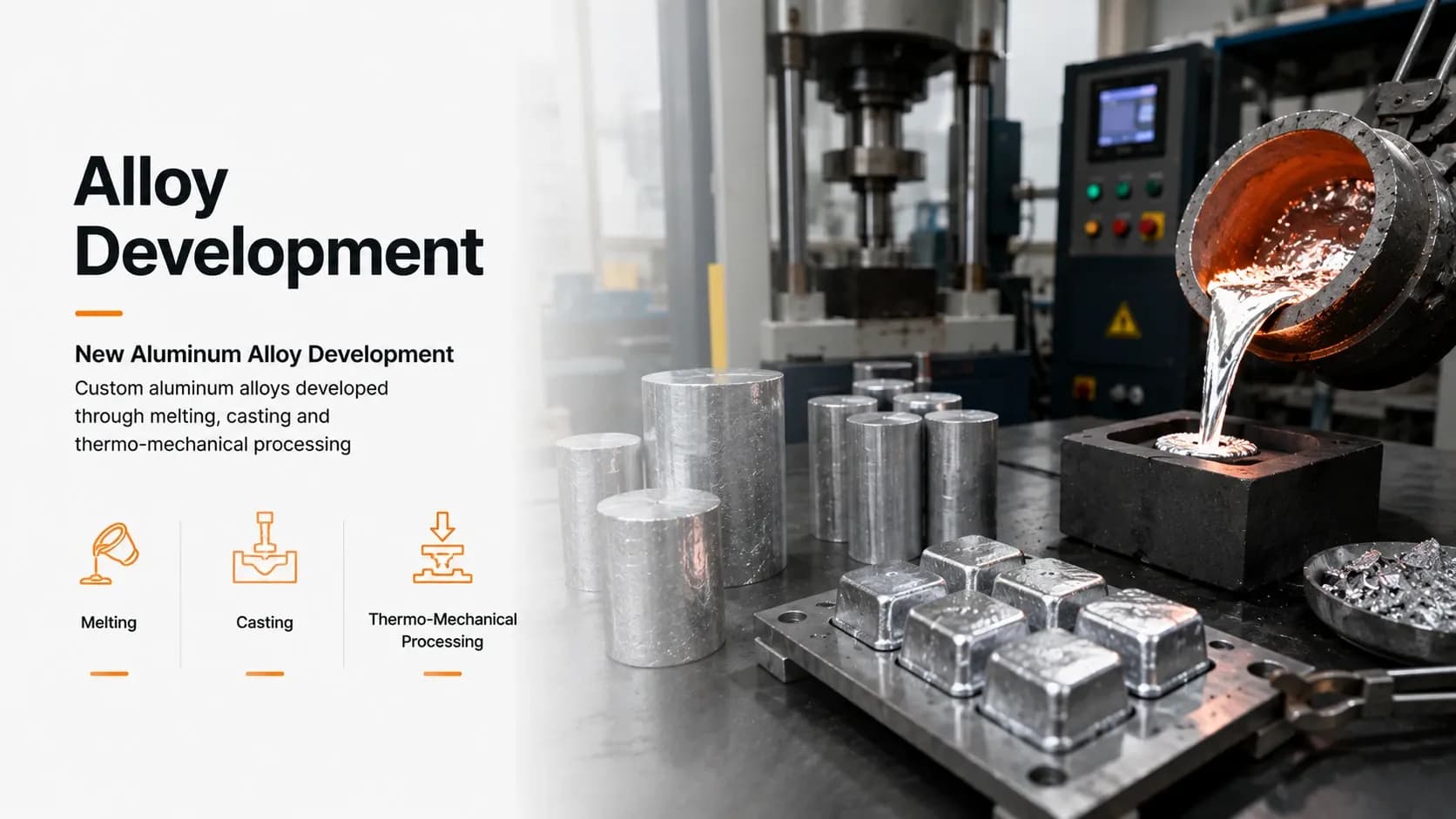 Molten aluminium poured into an ingot mould beside cast billets and ingots, with a hydraulic press behind for thermo-mechanical processing.