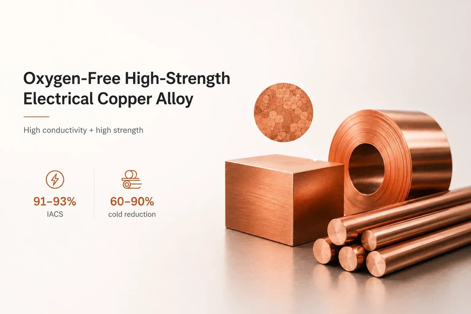 Polished copper block, coil and rods with a grain-structure micrograph — oxygen-free high-strength electrical copper alloy at 91-93% IACS.