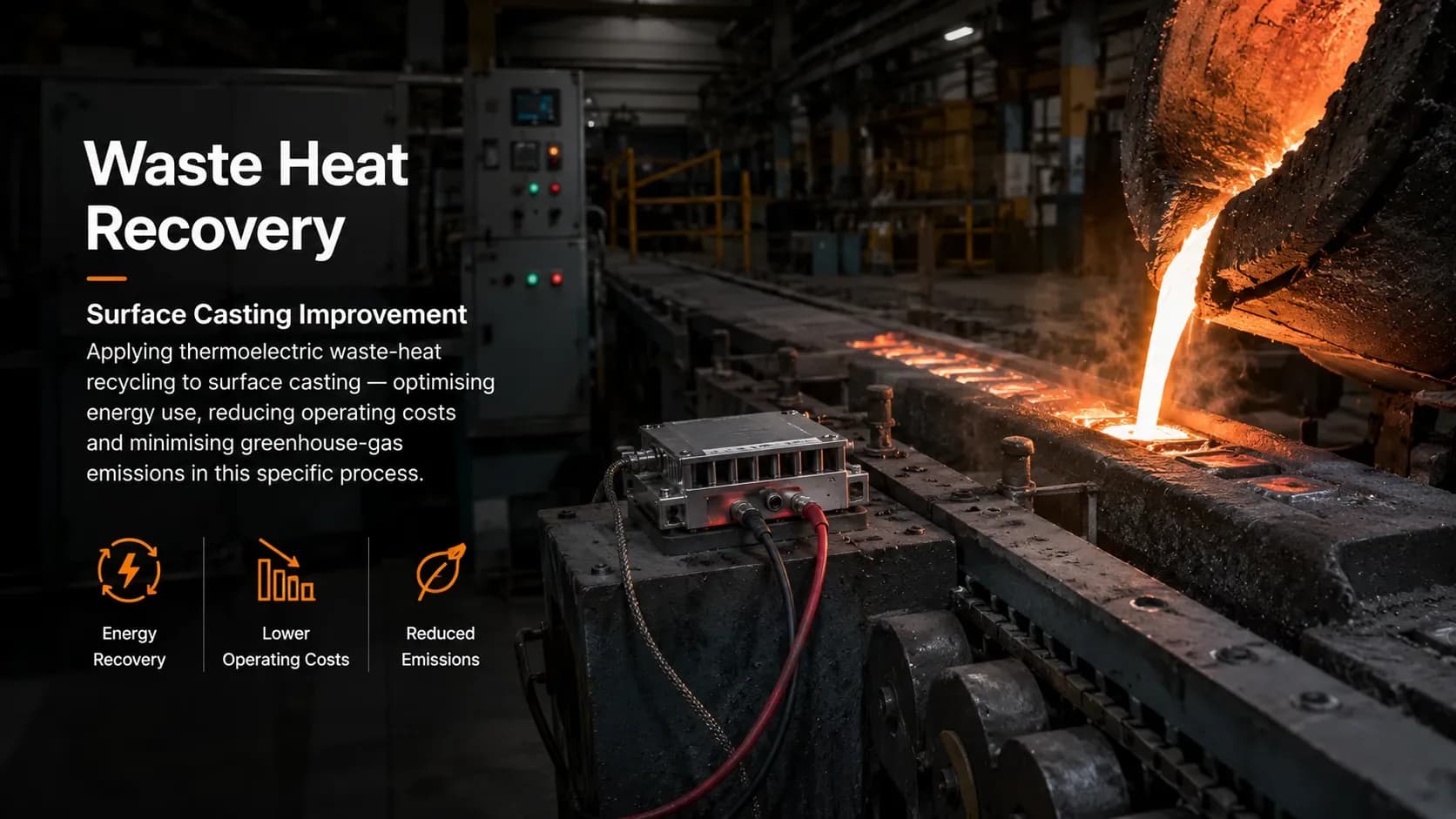 Continuous casting line pouring molten metal, with an instrumented thermoelectric recovery module mounted on the mould conveyor.