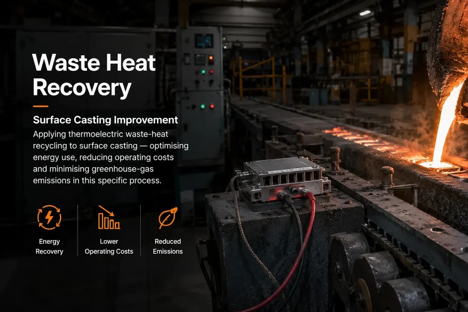 Continuous casting line pouring molten metal, with an instrumented thermoelectric recovery module mounted on the mould conveyor.