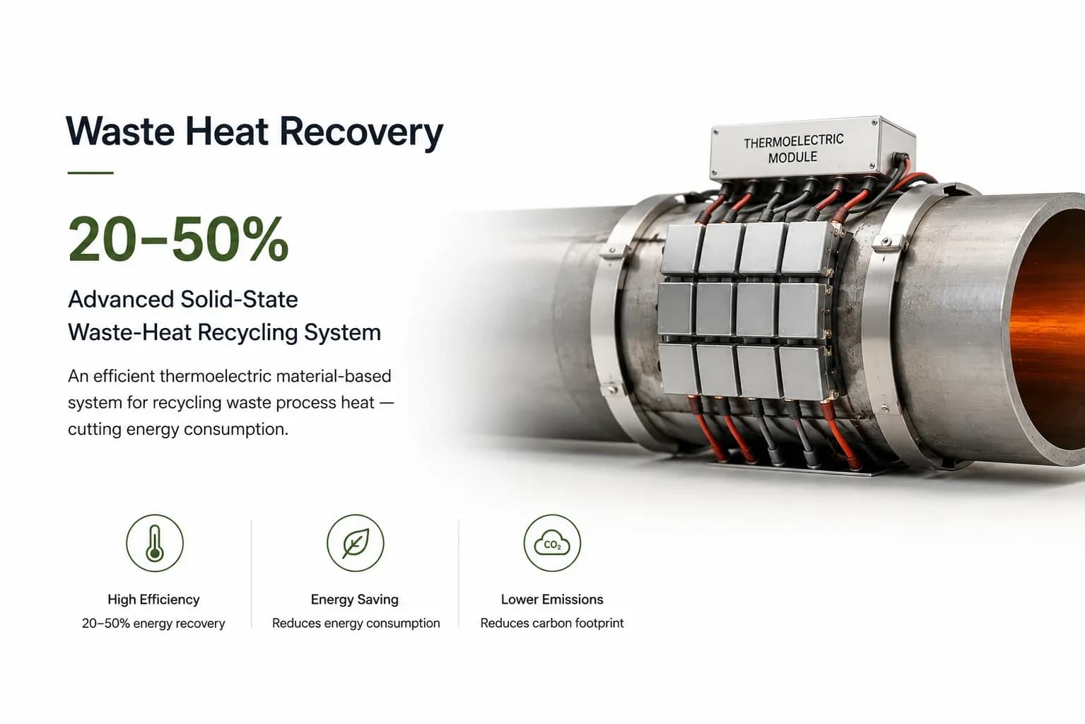 Thermoelectric modules clamped in an array around a hot exhaust pipe, recovering 20–50 per cent of the waste heat passing through it.